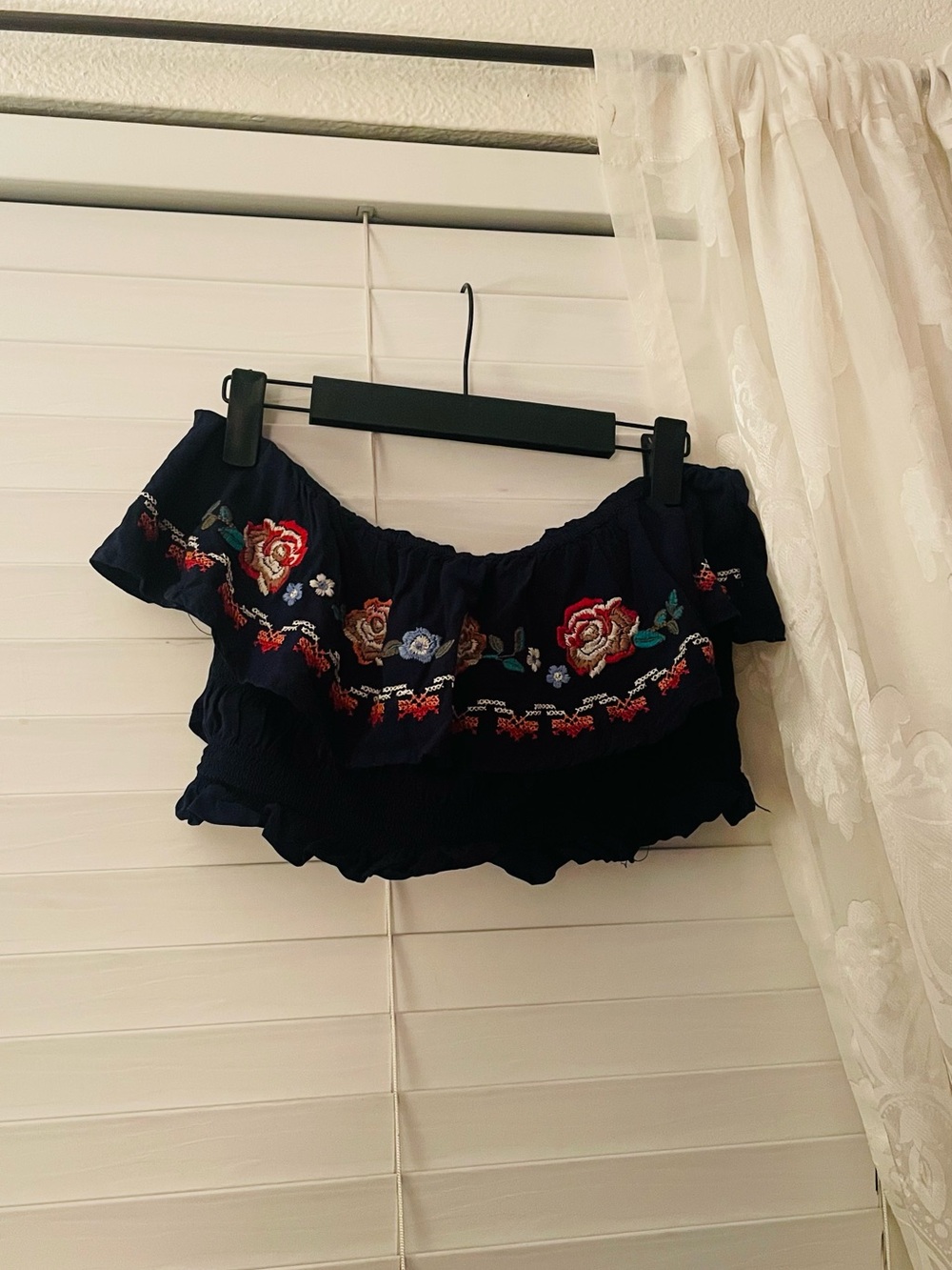 Xhilaration Navy Off-Shoulder Embroidered Floral Crop Top